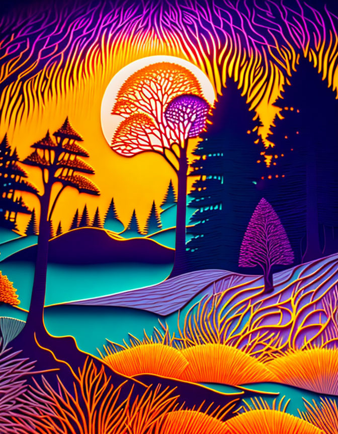 Colorful Psychedelic Landscape Art with Sunset Sky and Silhouetted Trees