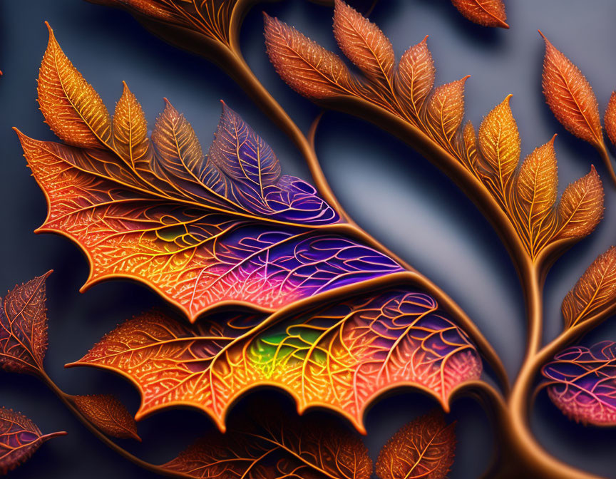 Vibrant digital artwork: stylized leaves with intricate warm patterns on dark background