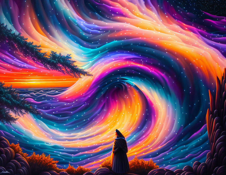 Cloaked figure against vibrant psychedelic sky and surreal sunset landscape