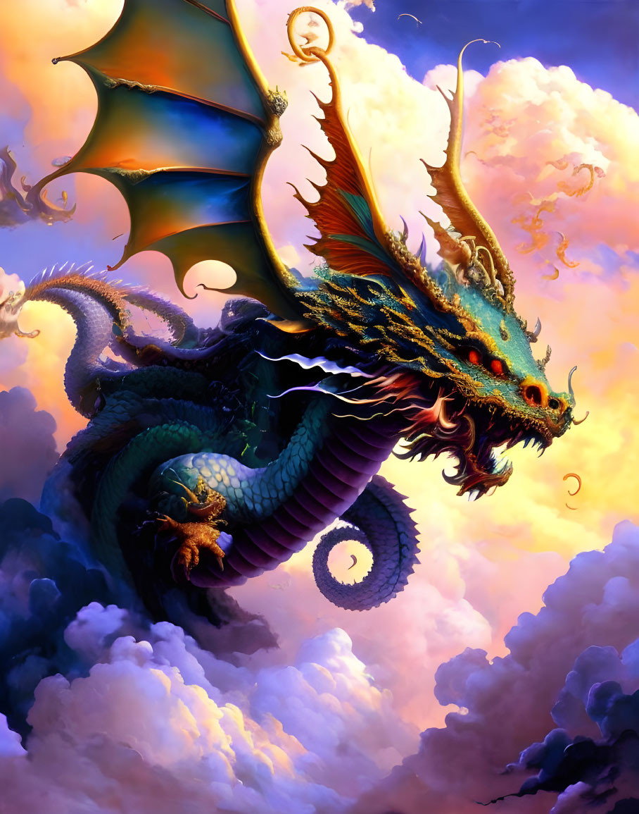 Majestic dragon flying in vibrant sky with glistening scales