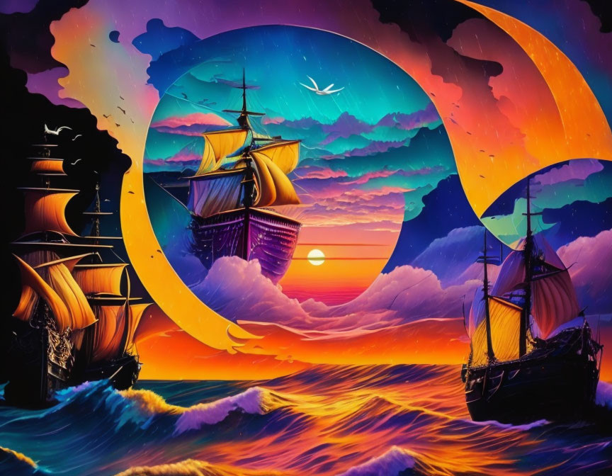 Three Sailing Ships on Vibrant Sunset Ocean with Stylized Moon