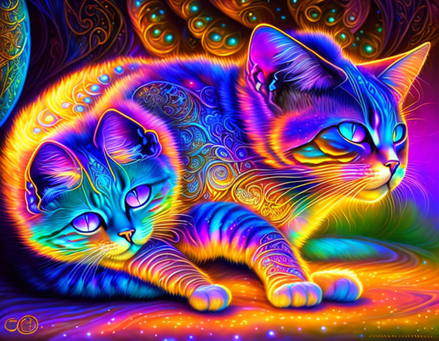 Vibrantly colored neon-glowing cats on psychedelic background