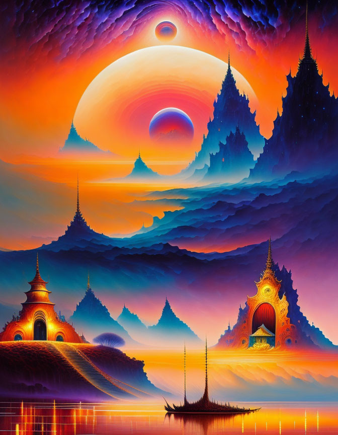 Surreal landscape with temples, moons, colorful skies, and reflective water