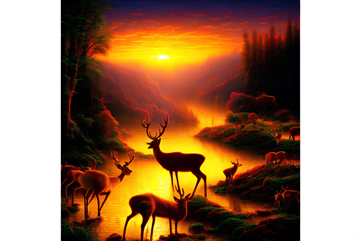 Digital Artwork: Deer by River in Forest at Sunset