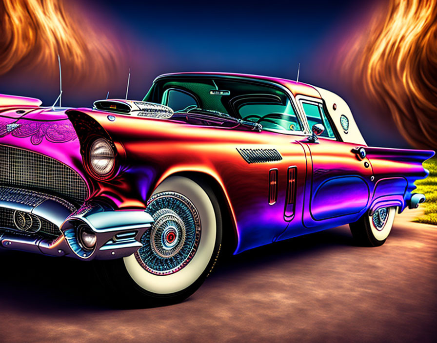 Colorful Classic Car Digital Illustration on Abstract Fiery Background