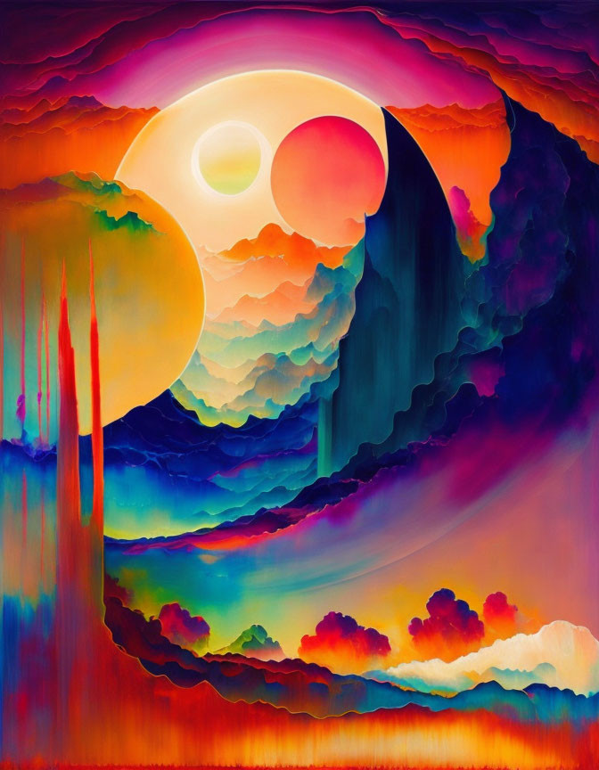 Colorful surreal landscape with multiple moons and vibrant clouds