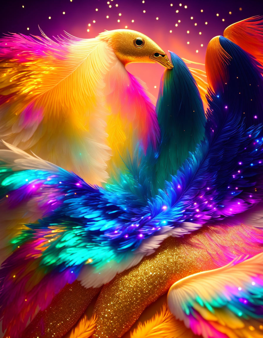 Colorful bird digital art against warm starry backdrop