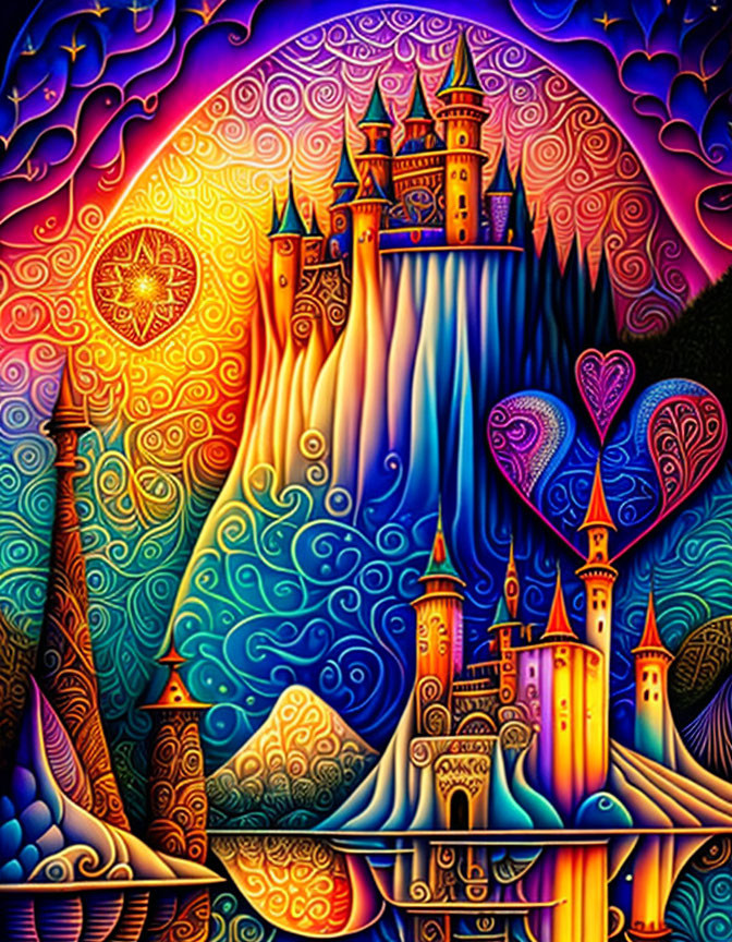 Colorful fantasy artwork: Whimsical castle on cliffs under star-filled sky