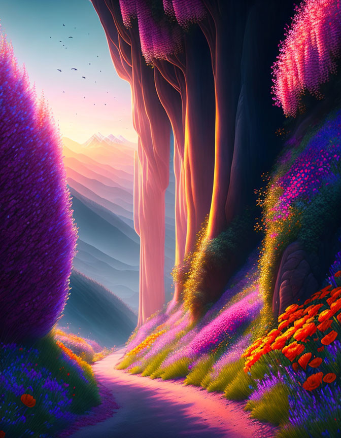 Colorful Fantasy Landscape with Towering Trees and Path to Mountains