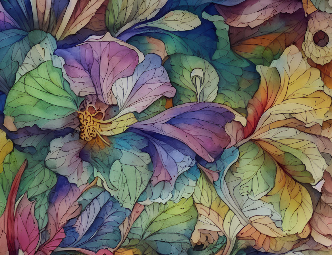 Colorful Watercolor Painting of Overlapping Leaves and Flowers