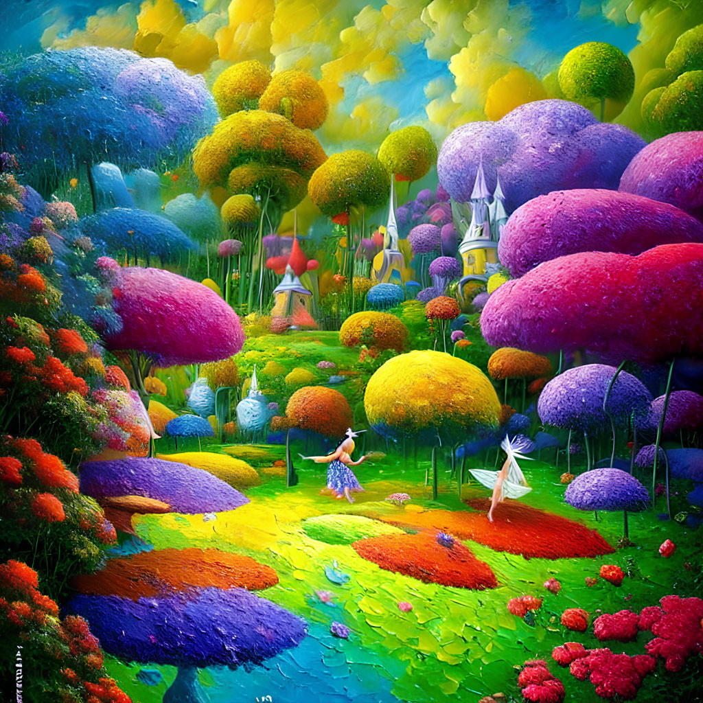 Colorful Fantasy Landscape with River, Whimsical Structures, and Figures