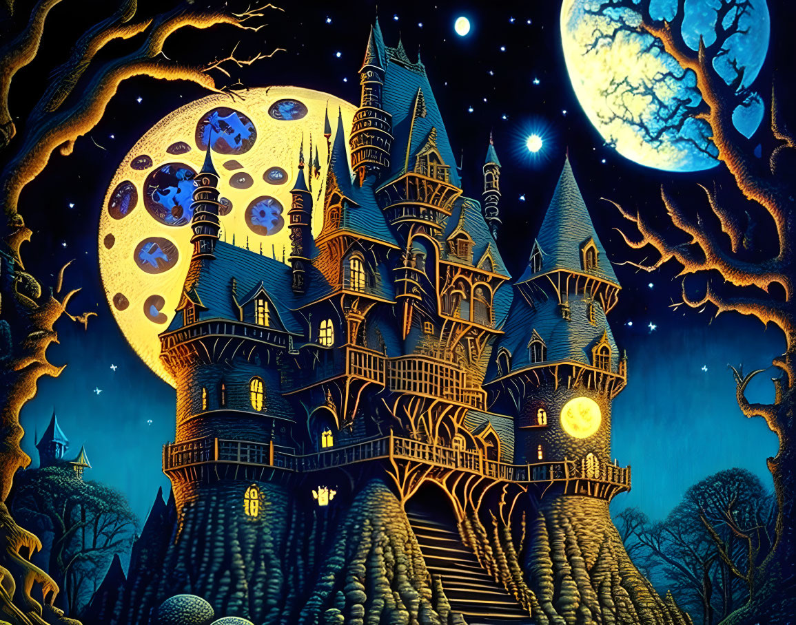 Whimsical castle at night with moon and stars against dark sky