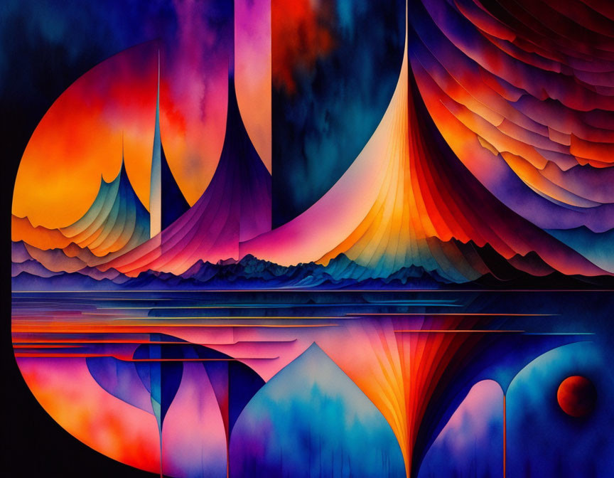 Abstract painting with warm hues, sail-like shapes, layered curves, and reflective water against mountains