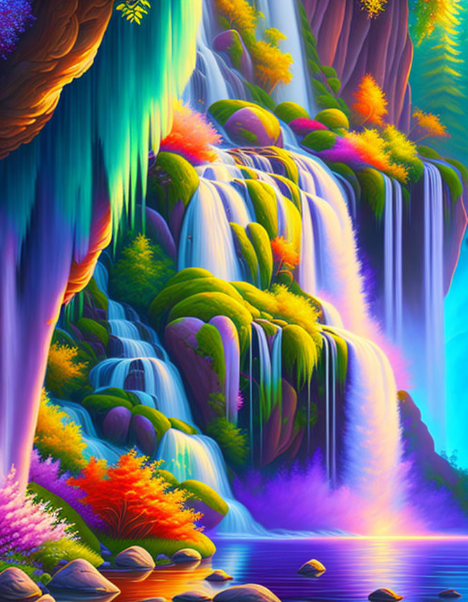 Colorful Cascading Waterfall Surrounded by Lush Foliage