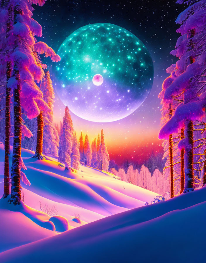 Surreal winter night landscape with glowing moon and colorful sky