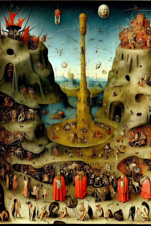 Surreal painting: central spire, fantastical landscapes, tiny figures, bizarre creatures, flying