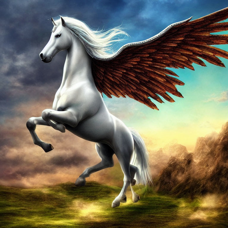 White Winged Horse Rearing Against Dramatic Sky