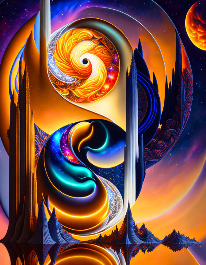 Colorful digital artwork: cosmic patterns, ethereal spires, celestial bodies