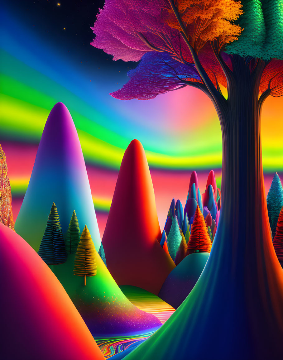 Colorful Striated Hills and Rainbow Tree in Psychedelic Landscape