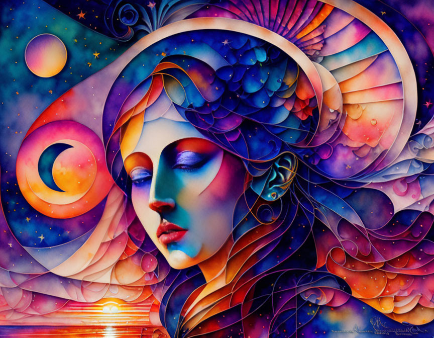 Vibrant surreal portrait of a woman with cosmic elements