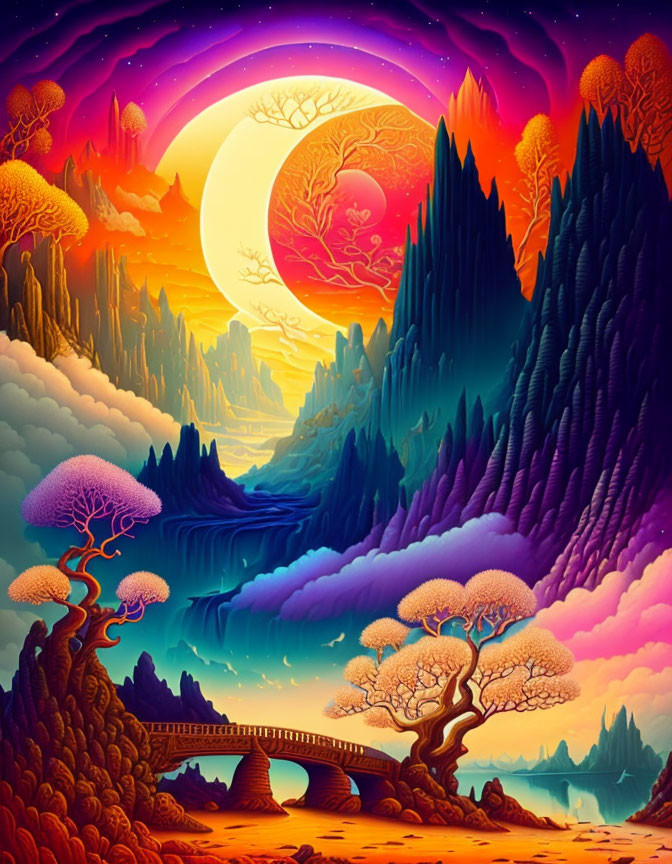 Colorful Fantasy Landscape with Moon and Bridge