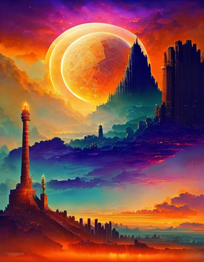 Futuristic sci-fi cityscape under giant moon in vibrant landscape