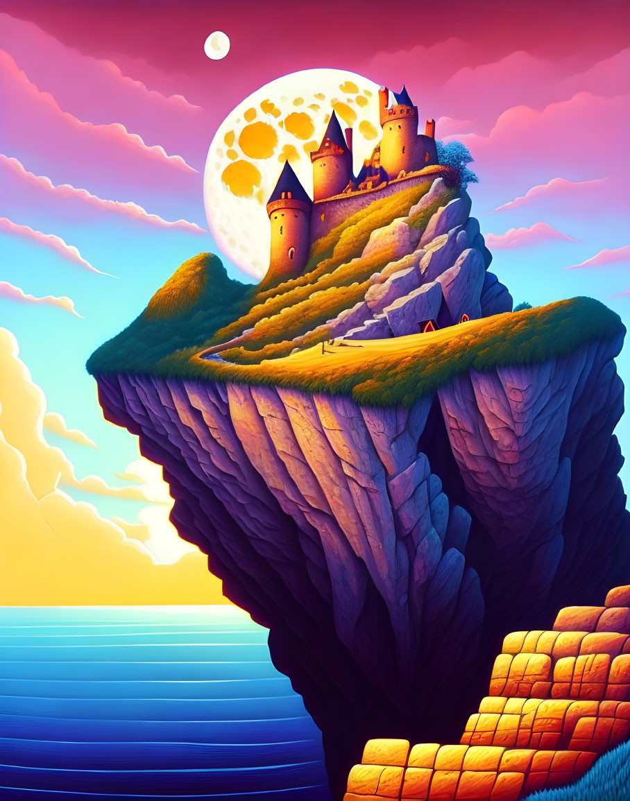 Vibrant fantasy artwork: castle on floating island above ocean at sunset