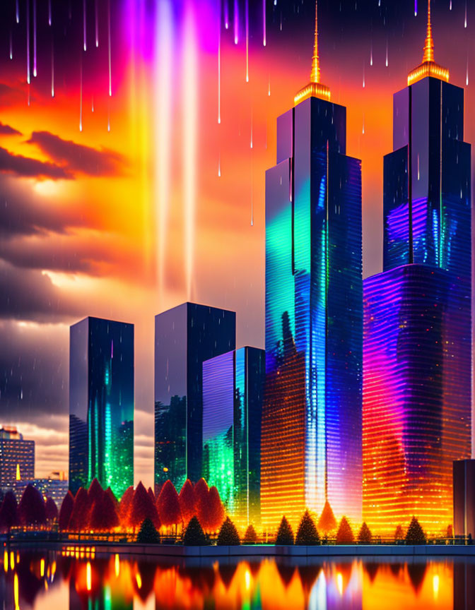 Vibrant aurora lights over futuristic cityscape at twilight