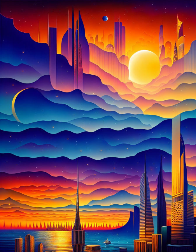 Futuristic cityscape digital artwork with sun, moon, and colorful sky