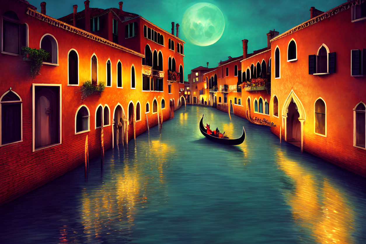 Gondola floating under full moon on calm Venetian canal