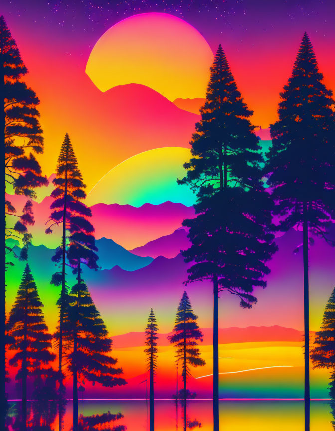 Surreal landscape with neon sky and silhouetted pine trees