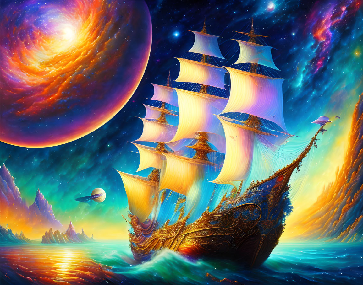 Majestic sailing ship in cosmic waters under starry sky