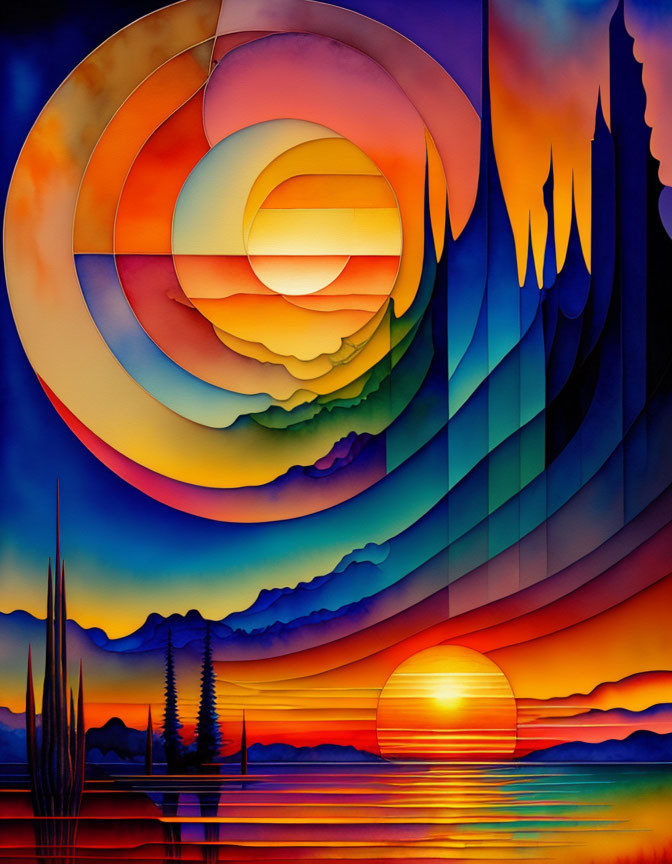 Colorful Abstract Landscape: Swirling Patterns, Setting Sun, Reflective Water, Silhouetted