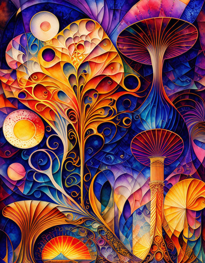 Colorful Psychedelic Mushroom and Celestial Plant Illustration