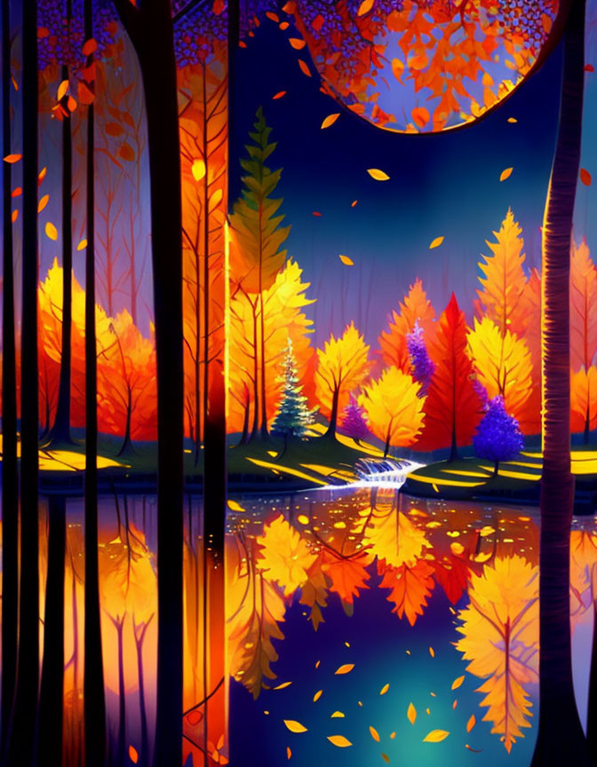 Colorful autumn forest scene with mirror-like lake and twilight sky