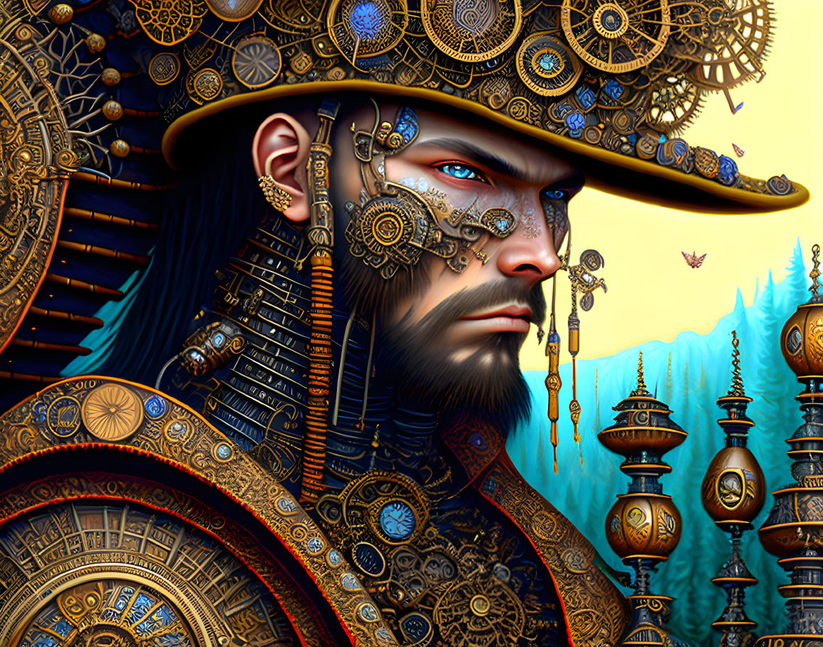 Steampunk-inspired man with mechanical gears and ornate metallic adornments.