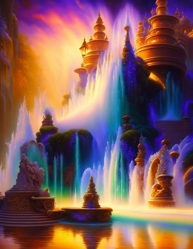 Fantasy landscape with glowing waterfalls and golden spires