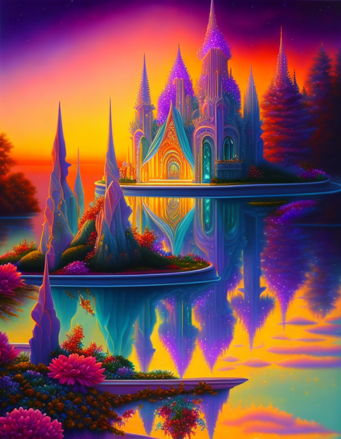 Fantasy landscape: Glowing castle on island at dusk