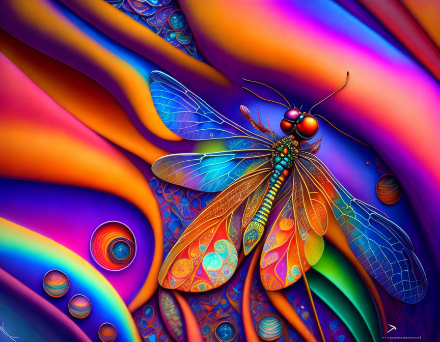 Colorful Stylized Dragonfly Art Against Psychedelic Background