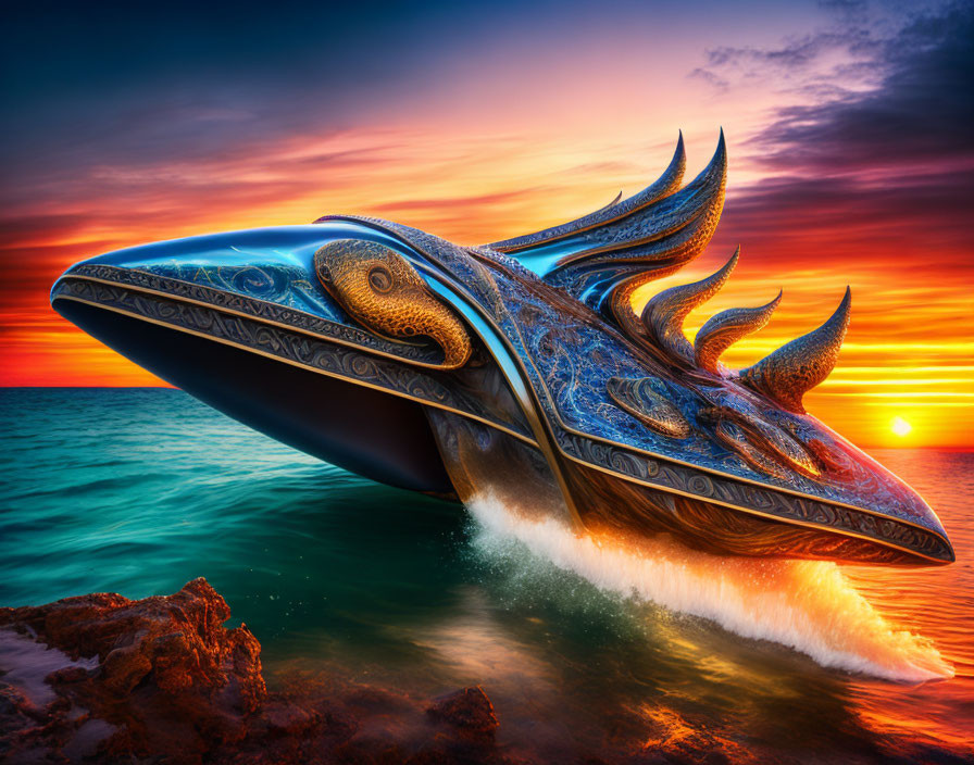 Futuristic ornate spaceship over water at sunset