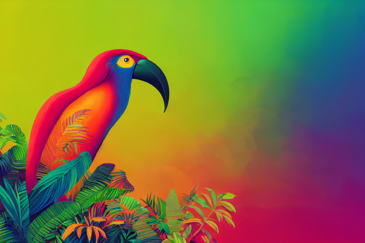 Colorful Toucan Illustration with Rainbow Background and Lush Green Foliage