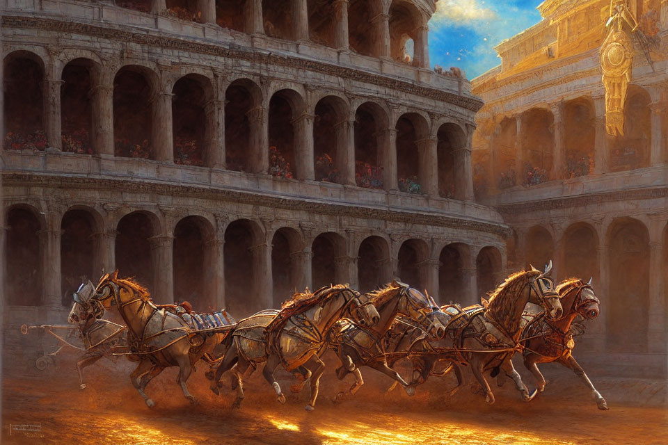 Ancient Roman Colosseum chariot race with horses in mid-gallop