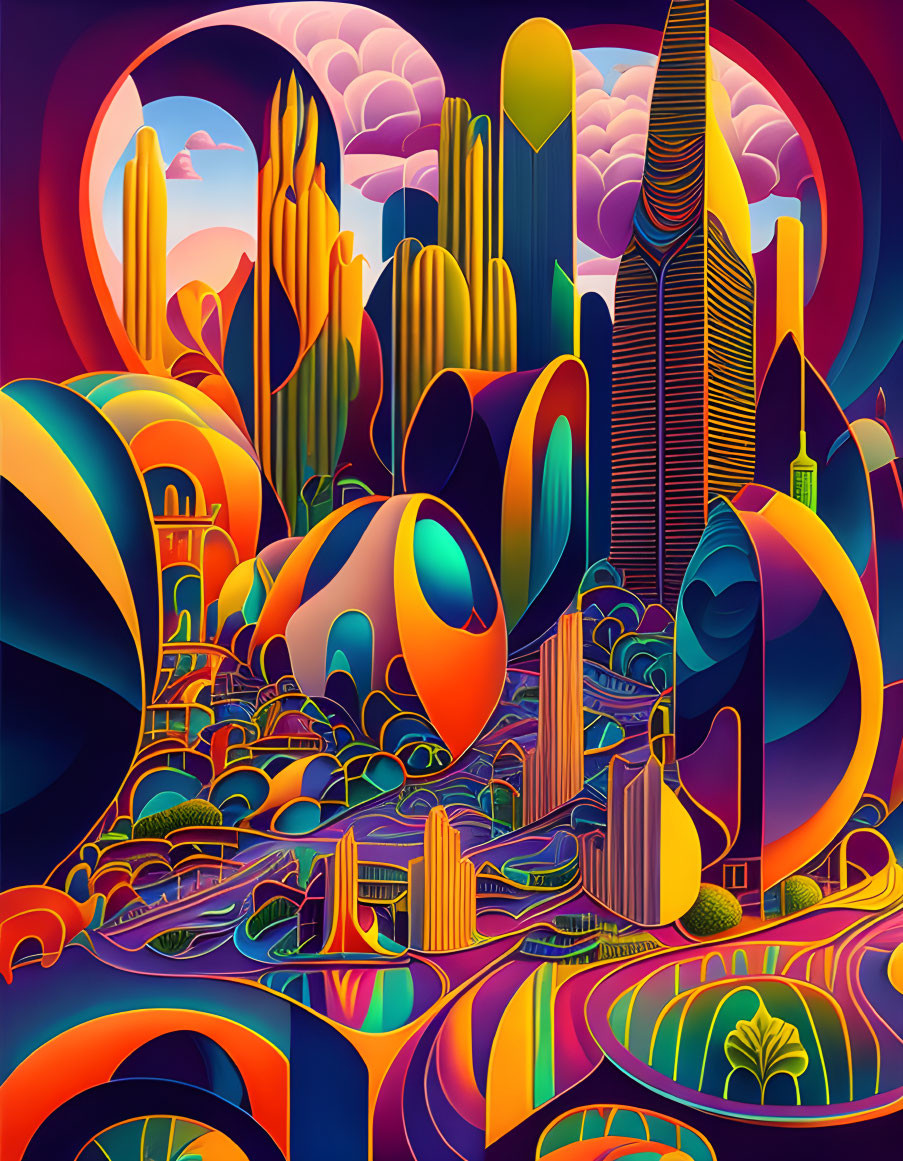 Colorful psychedelic artwork: Abstract cityscape with futuristic architecture and floating landscapes