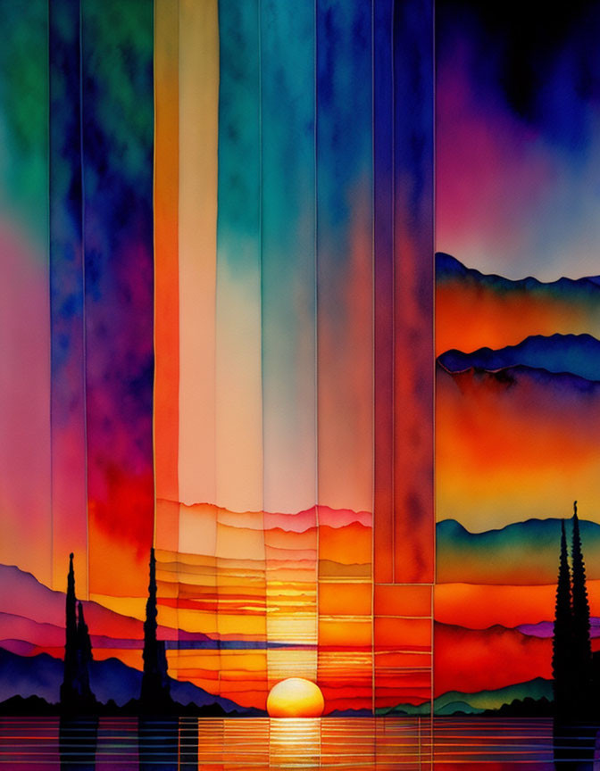 Vibrant abstract art: vertical sunset stripes with mountain landscape and sun orb