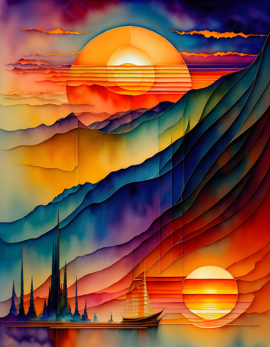 Colorful artwork: layered mountains, setting sun, reflection on water, sailing boat, pointed trees