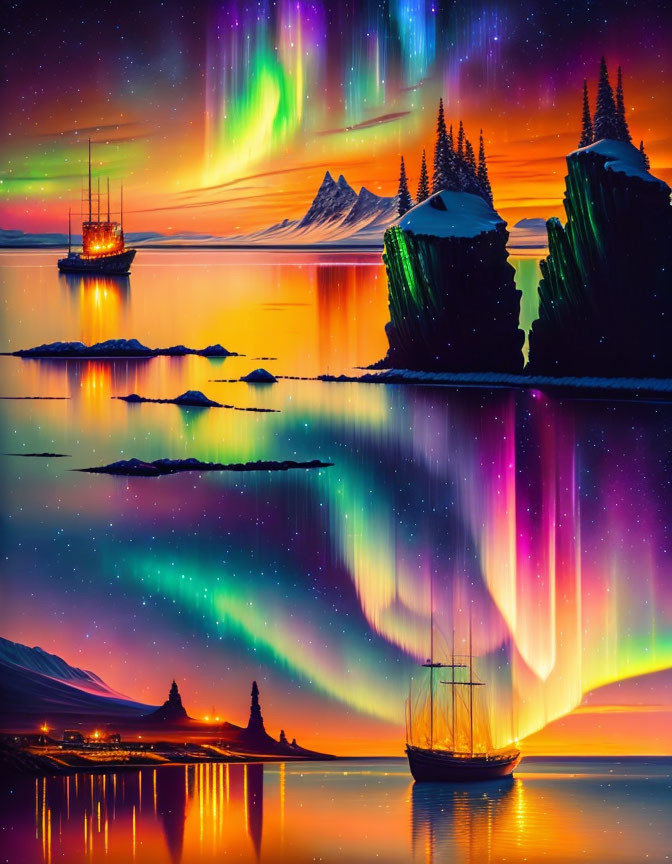 Digital artwork: Sailboats under aurora sky with snowy peaks & rocky islets