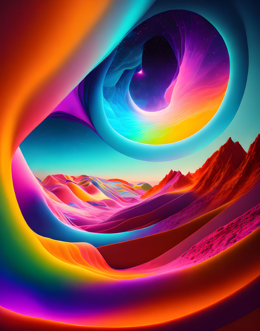 Surreal landscape with rainbow waves and cosmic vortex above alien mountains