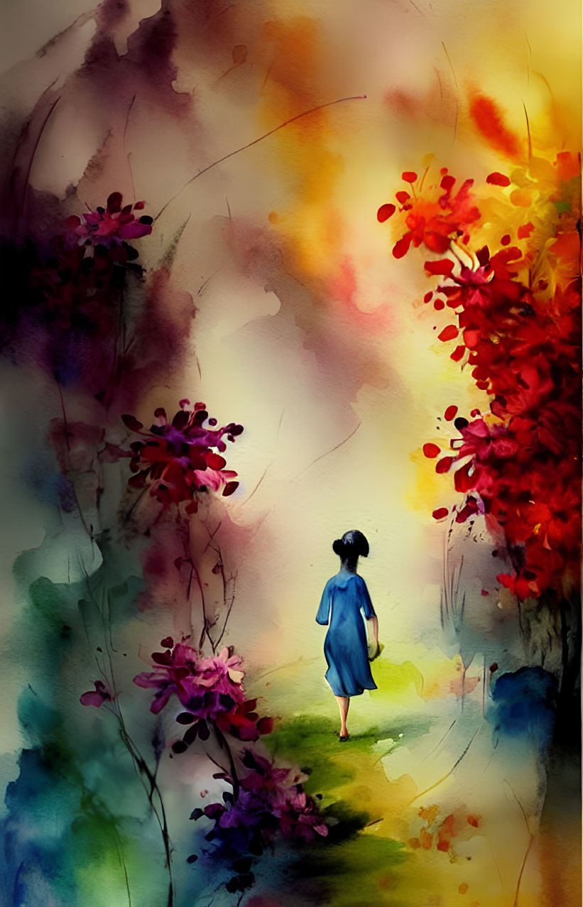 Young girl in blue dress among colorful foliage in dreamy watercolor.