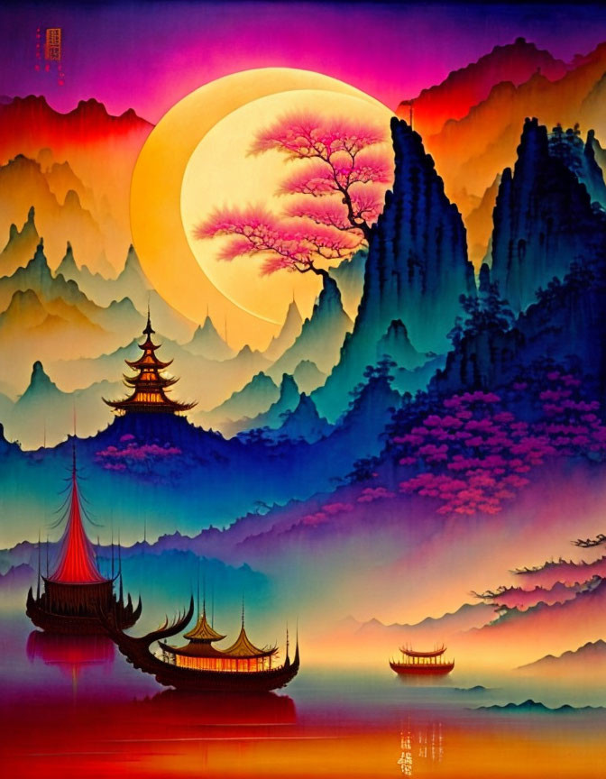 Serene landscape with mountains, pagodas, boats, and glowing moon