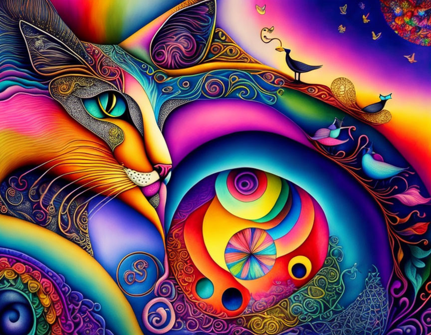 Colorful Abstract Artwork: Stylized Cat with Psychedelic Patterns and Bird on Branch